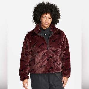 Nike Sportswear Printed Faux Fur Jacket Burgundy DX6416-652 Size 2X